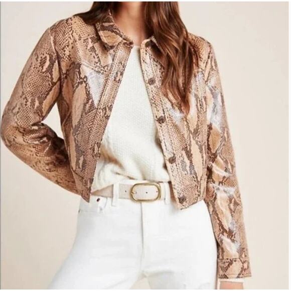 Anthropologie Current Air Python Print Textured Cropped Trucker Jacket - Small - Picture 2 of 10